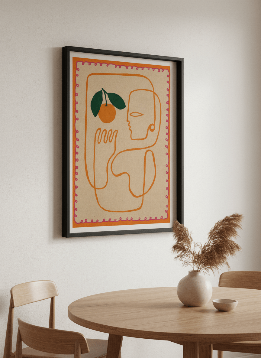 Wall art styled above a dining table in a contemporary home