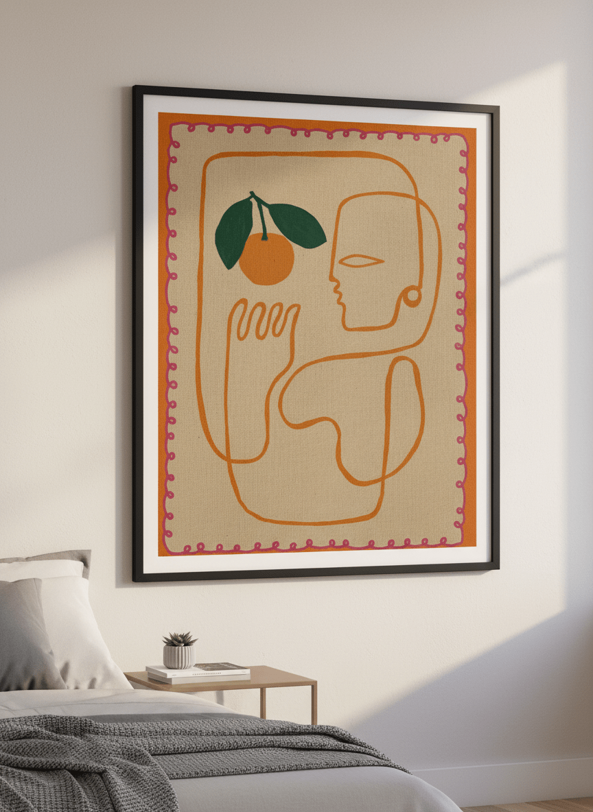 Minimalist artwork displayed in a calm, light-filled bedroom interior