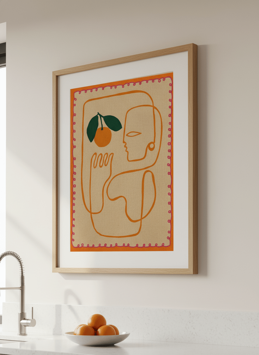 Artwork styled on the wall of a bright modern kitchen