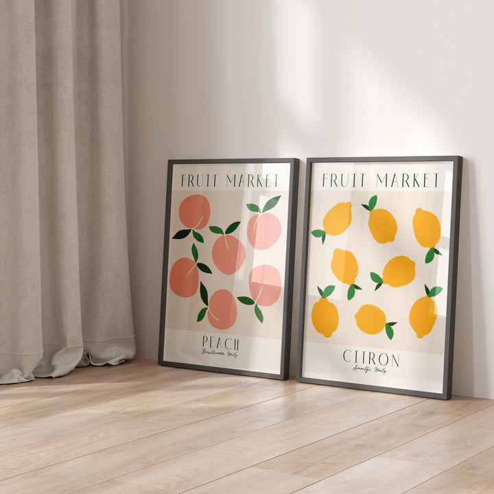 Fruit Market Lemon & Peach Set of 2 Wall Art,gallery wall,black border