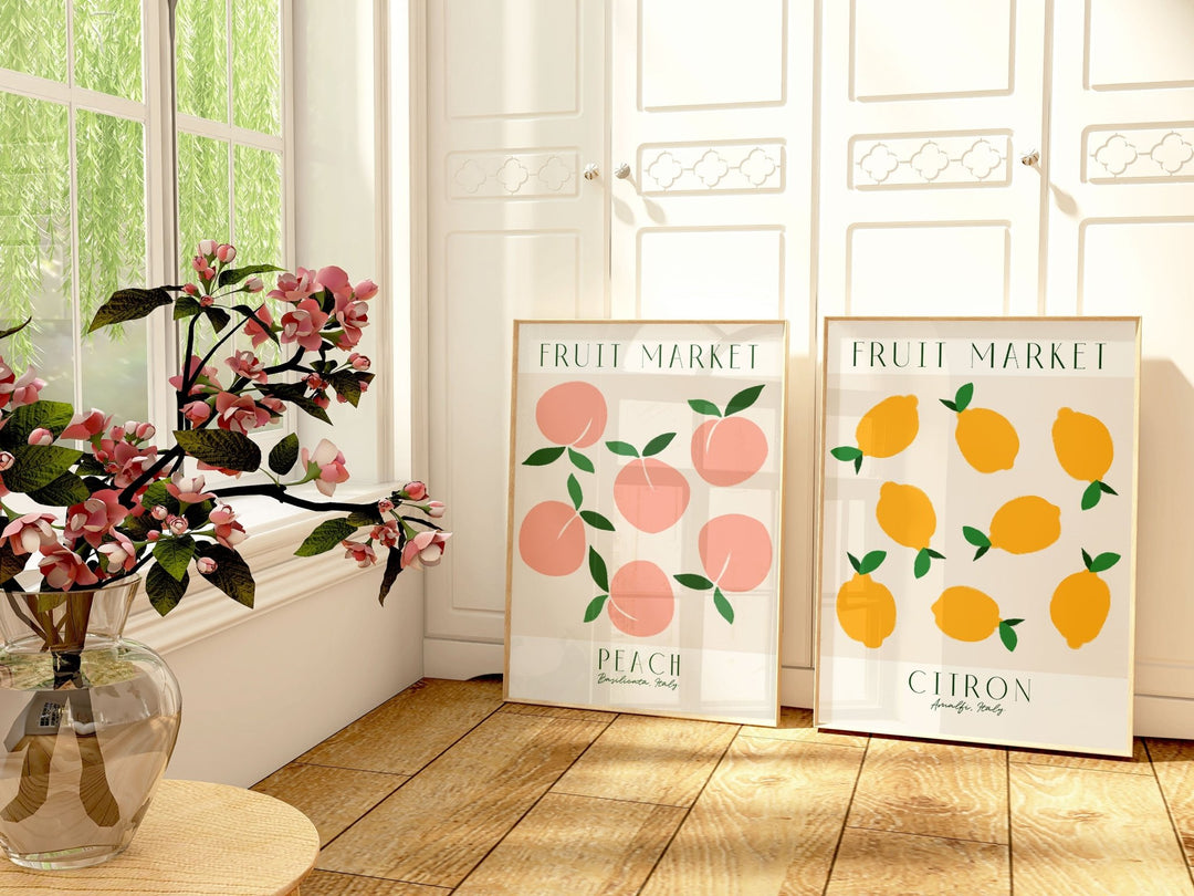 Fruit Market Lemon & Peach Set of 2 Wall Art,gallery wall,timber border