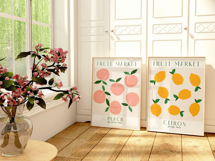 Fruit Market Lemon & Peach Set of 2 Wall Art,gallery wall,timber border