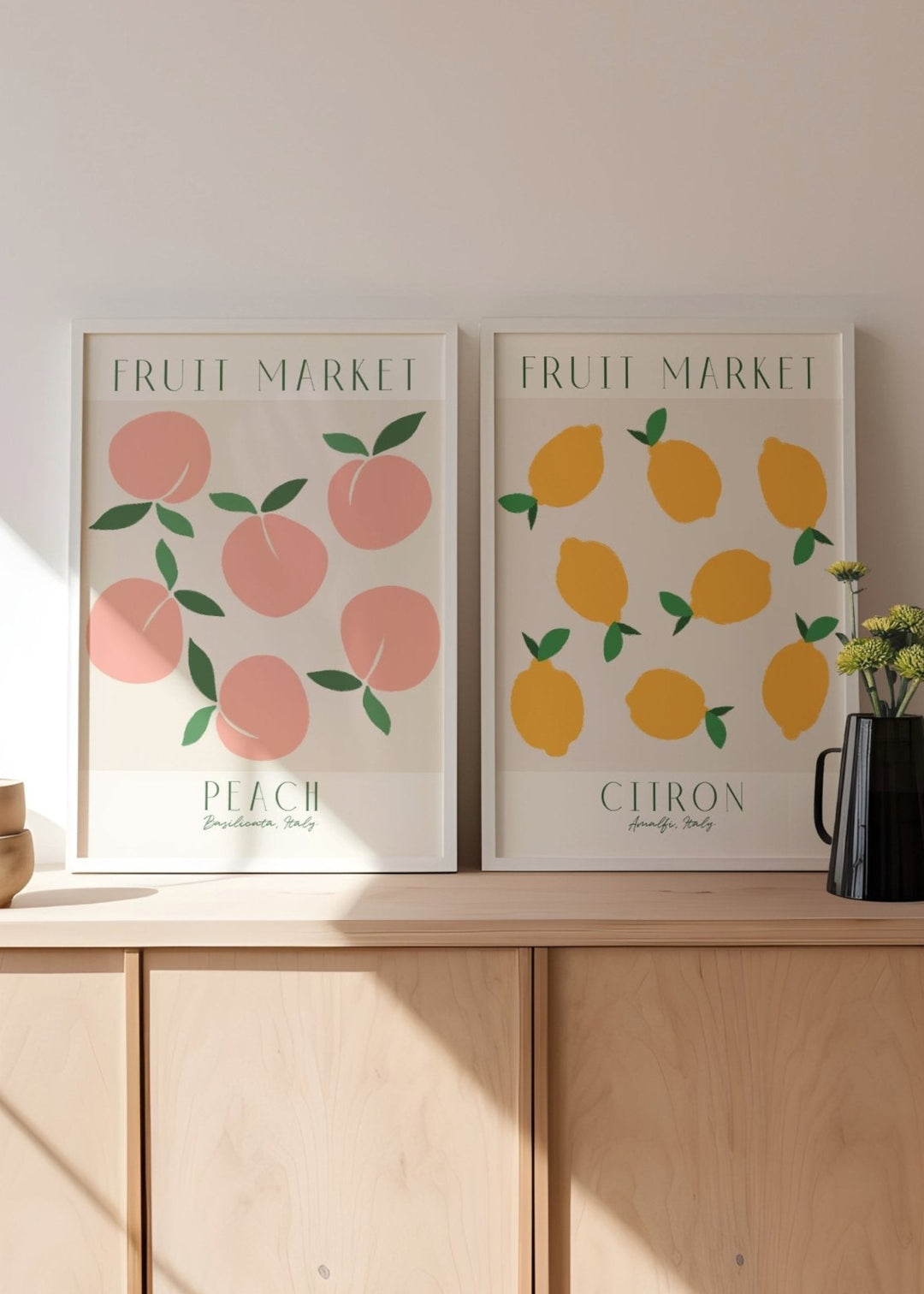 Fruit Market Lemon & Peach Set of 2 Wall Art,gallery wall,white border
