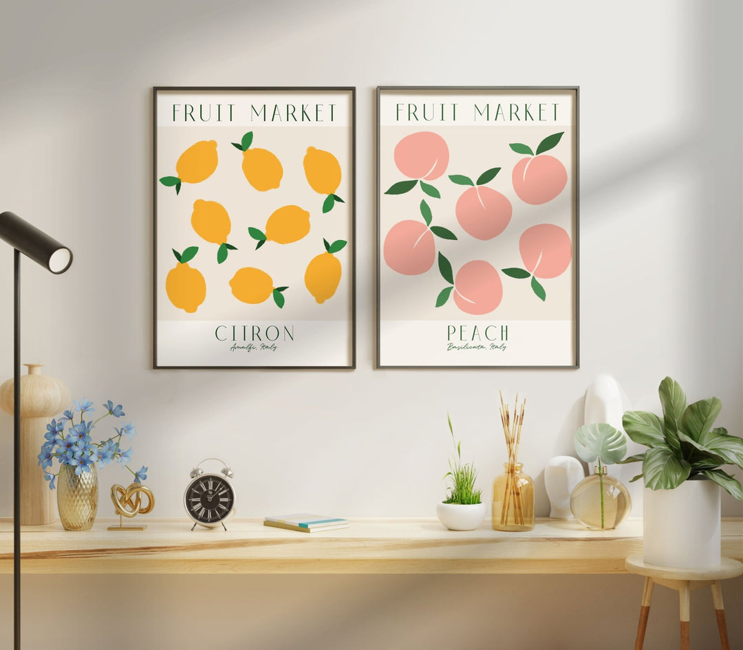 Fruit Market Lemon & Peach Set of 2 Wall Art,gallery wall,black border