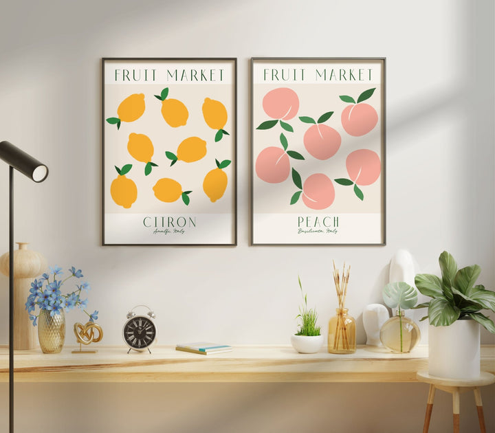 Fruit Market Lemon & Peach Set of 2 Wall Art,gallery wall,black border