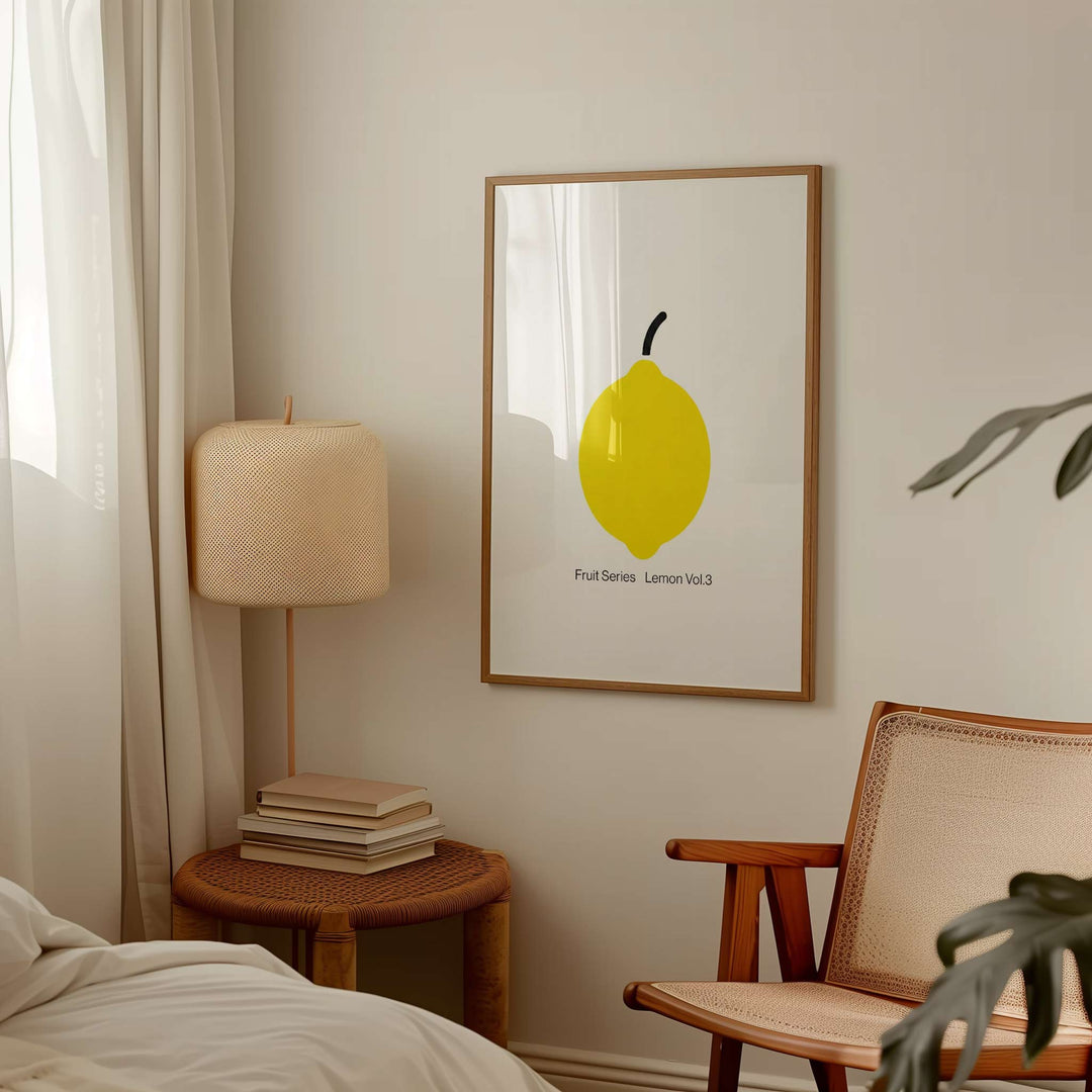 Room interior with a picture of a lemon, lamp, and chair.