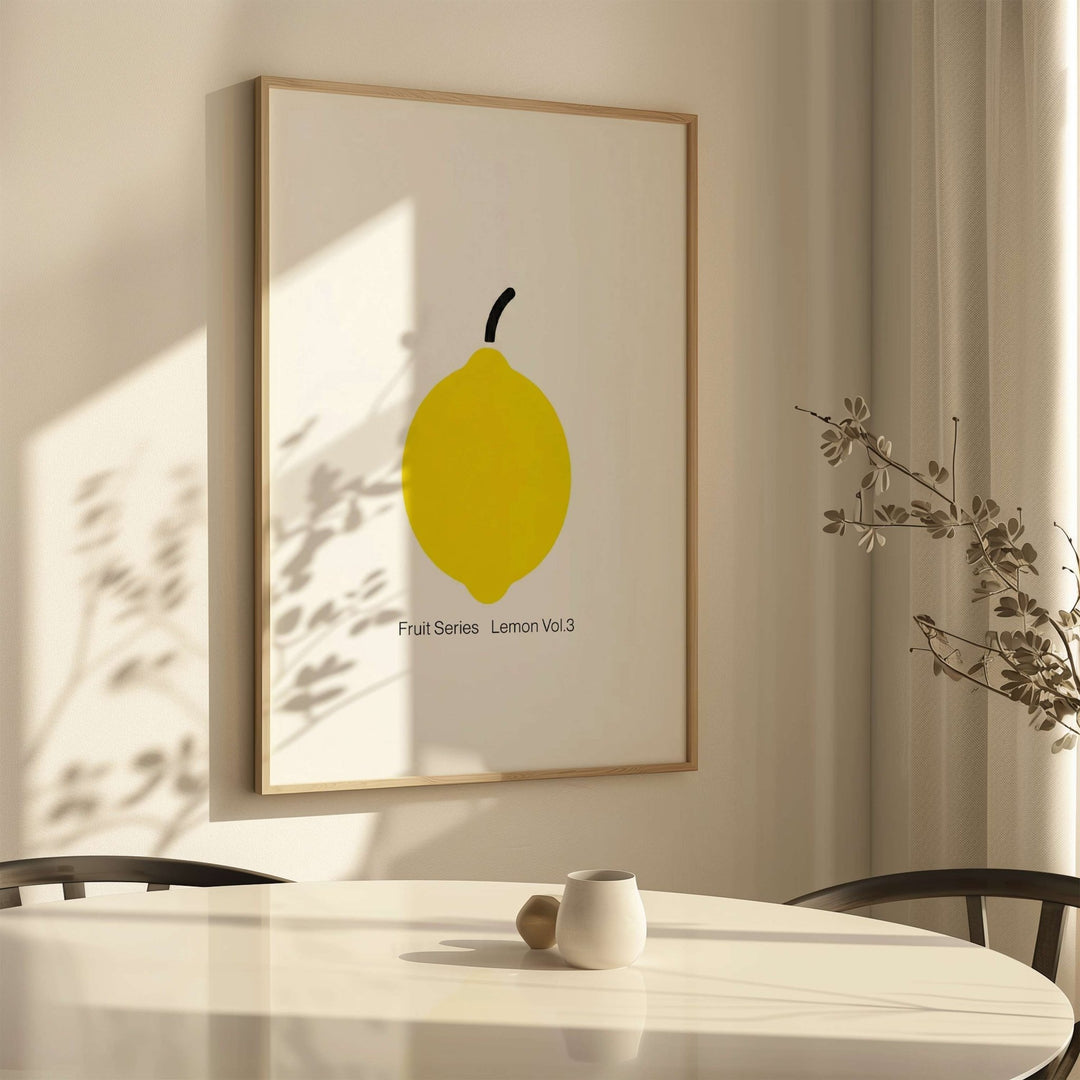 artwork of a lemon on a wall in a room with a table and plant.