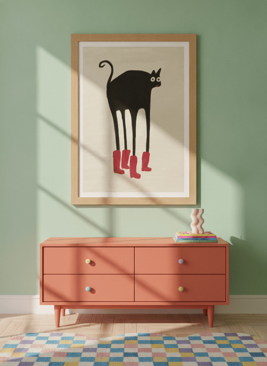 Modern wall art print styled on the wall in a colourful eclectic nursery