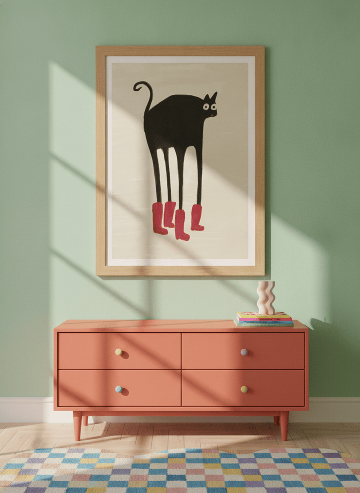 Modern wall art print styled on the wall in a colourful eclectic nursery