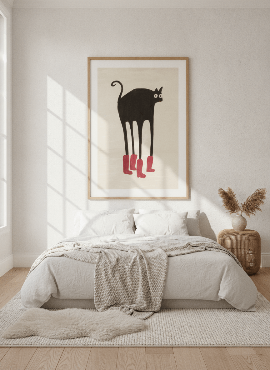 Oversized statement modern wall art print styled on the wall in a bright Scandinavian bedroom