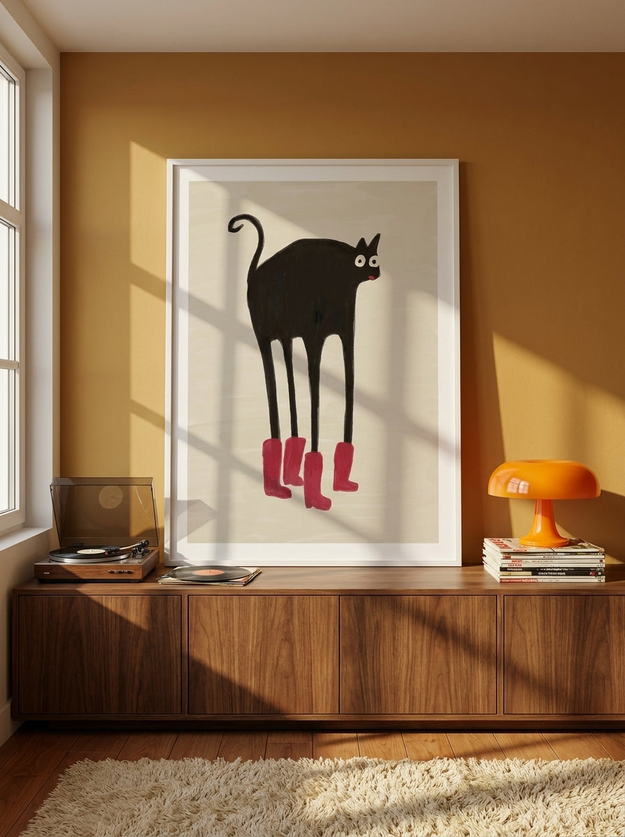 Modern wall art print standing on a sideboard in a retro 70s home office
