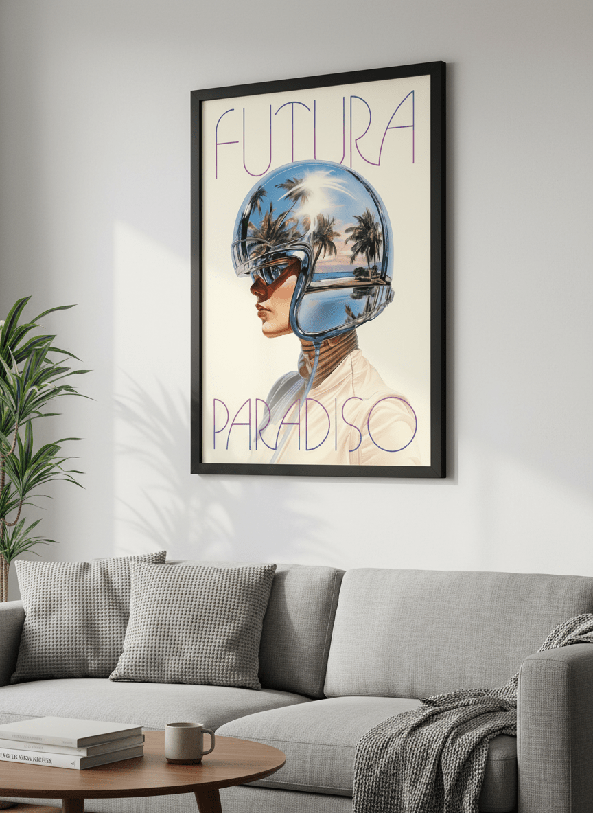 Modern wall art styled above a sofa in a neutral living room