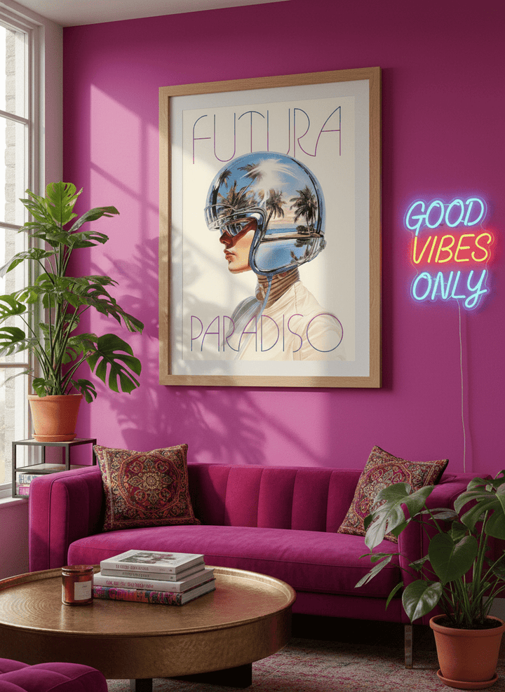 Bold wall art styled in a colourful, eclectic modern home