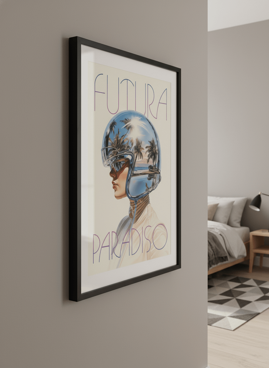 Minimalist artwork displayed in a calm, light-filled bedroom interior
