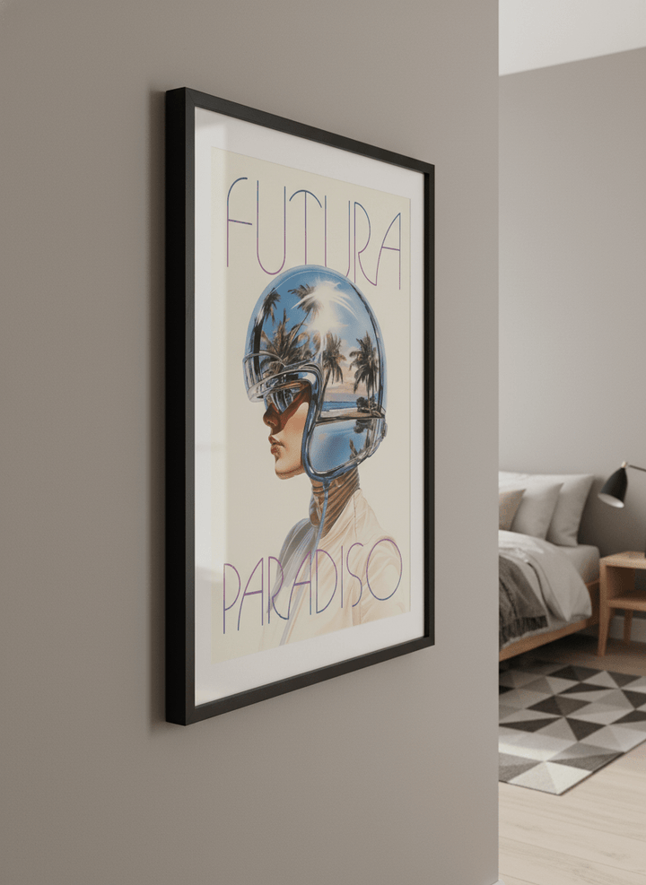 Minimalist artwork displayed in a calm, light-filled bedroom interior