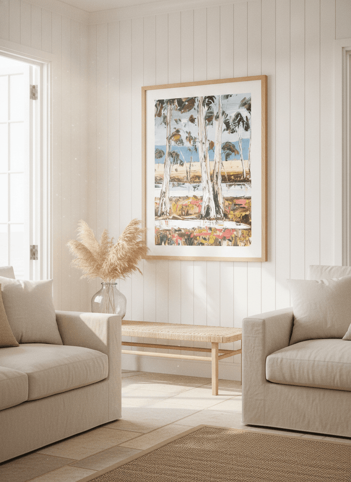 Neutral wall art displayed in a sunny coastal beach house