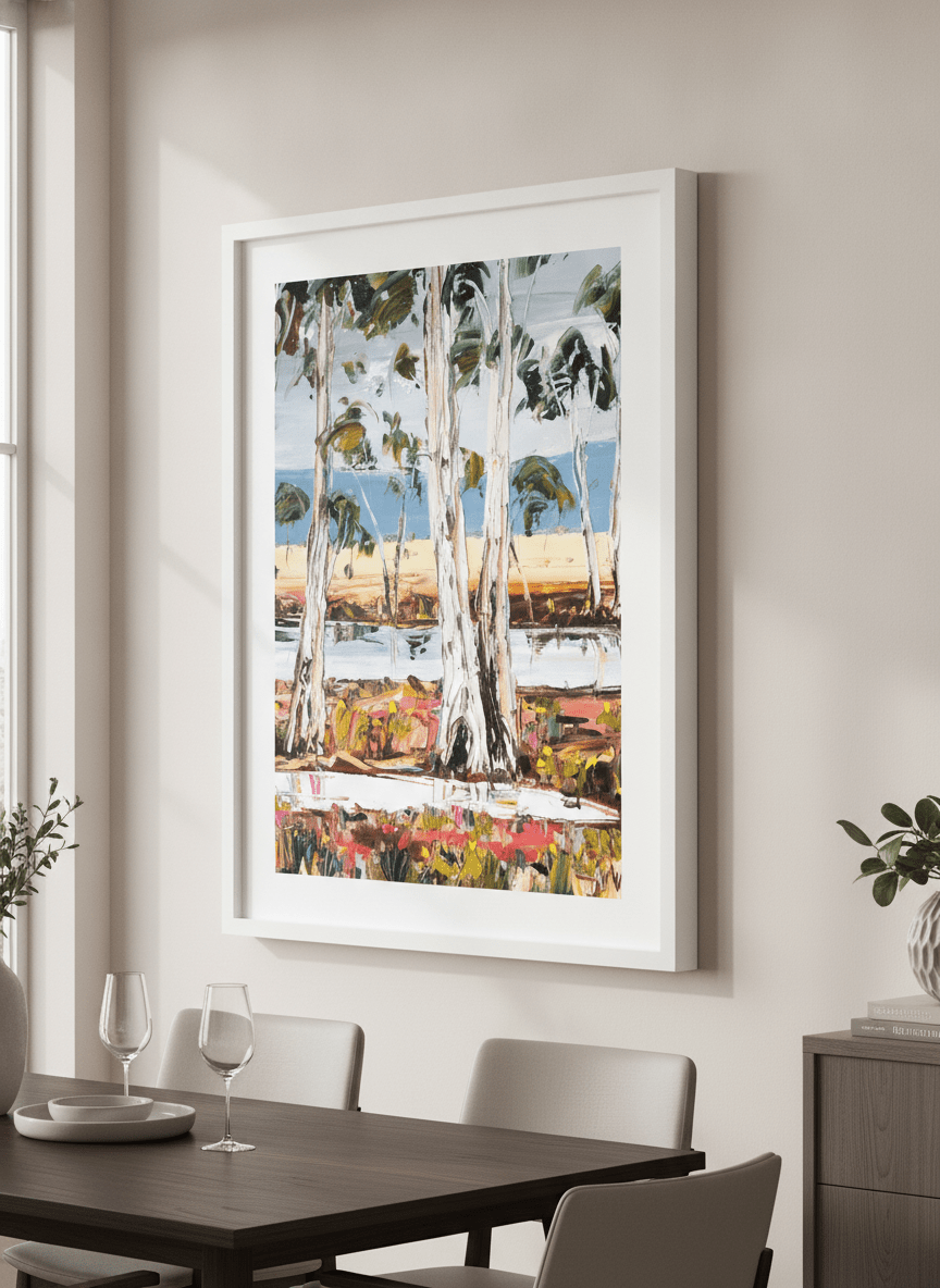Wall art styled above a dining table in a contemporary home