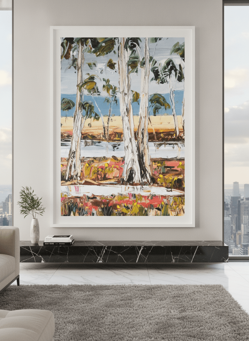 Monumental artwork centred on a feature wall in a luxe interior