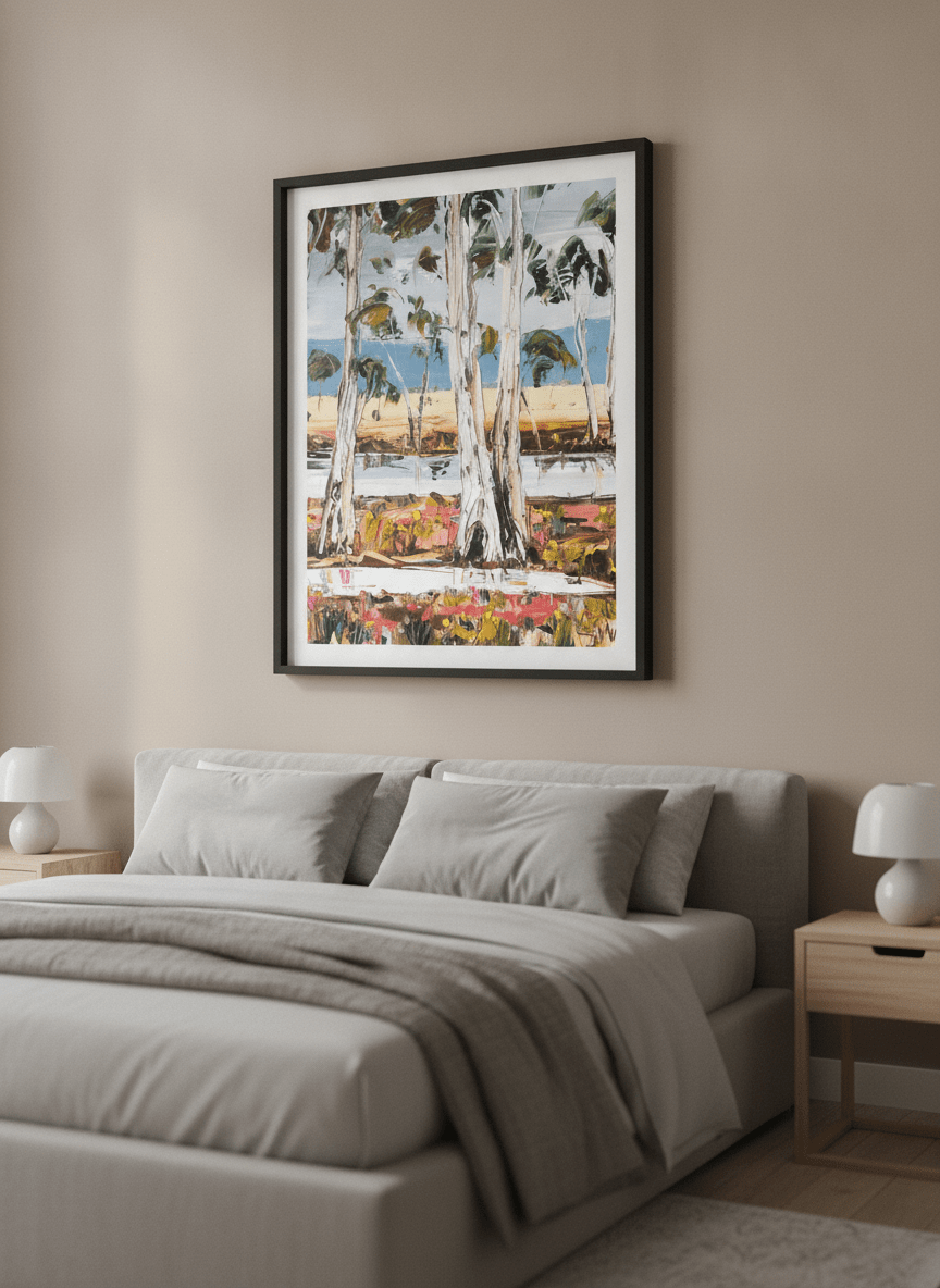 Minimalist artwork displayed in a calm, light-filled bedroom interior