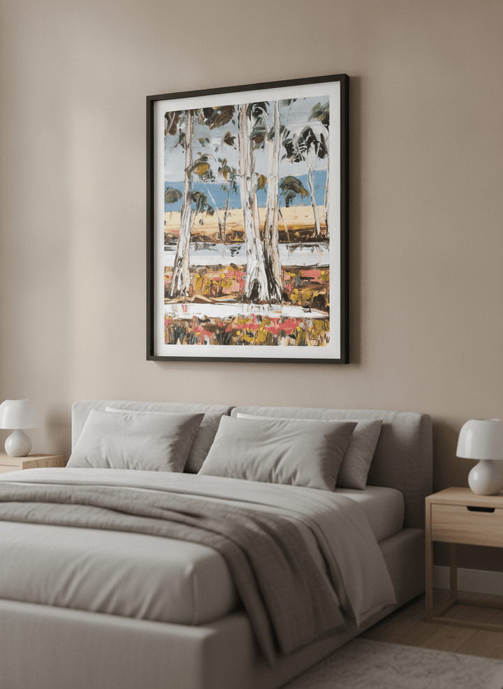 Minimalist artwork displayed in a calm, light-filled bedroom interior