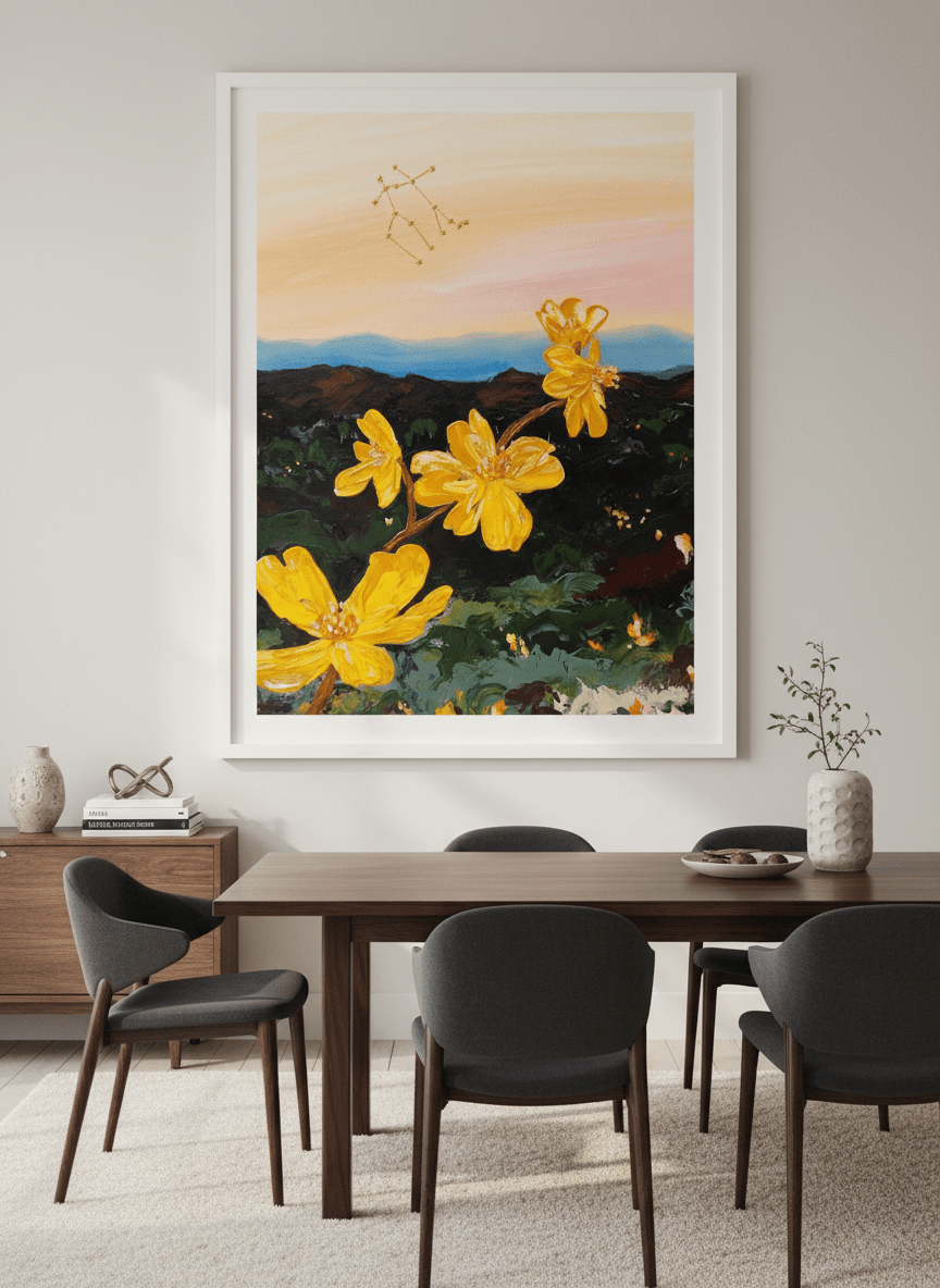 Monumental artwork centred on a feature wall in a luxe interior