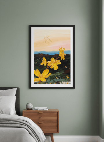 Minimalist artwork displayed in a calm, light-filled bedroom interior