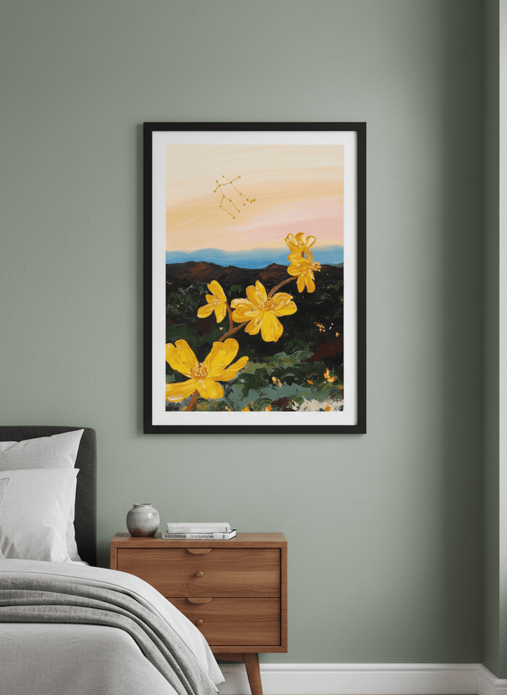 Minimalist artwork displayed in a calm, light-filled bedroom interior