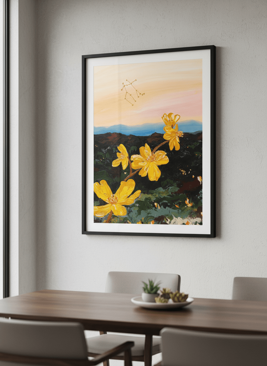 Wall art styled above a dining table in a contemporary home