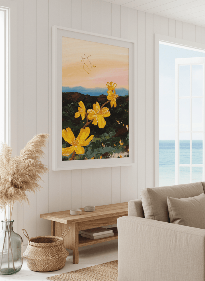 Neutral wall art displayed in a sunny coastal beach house