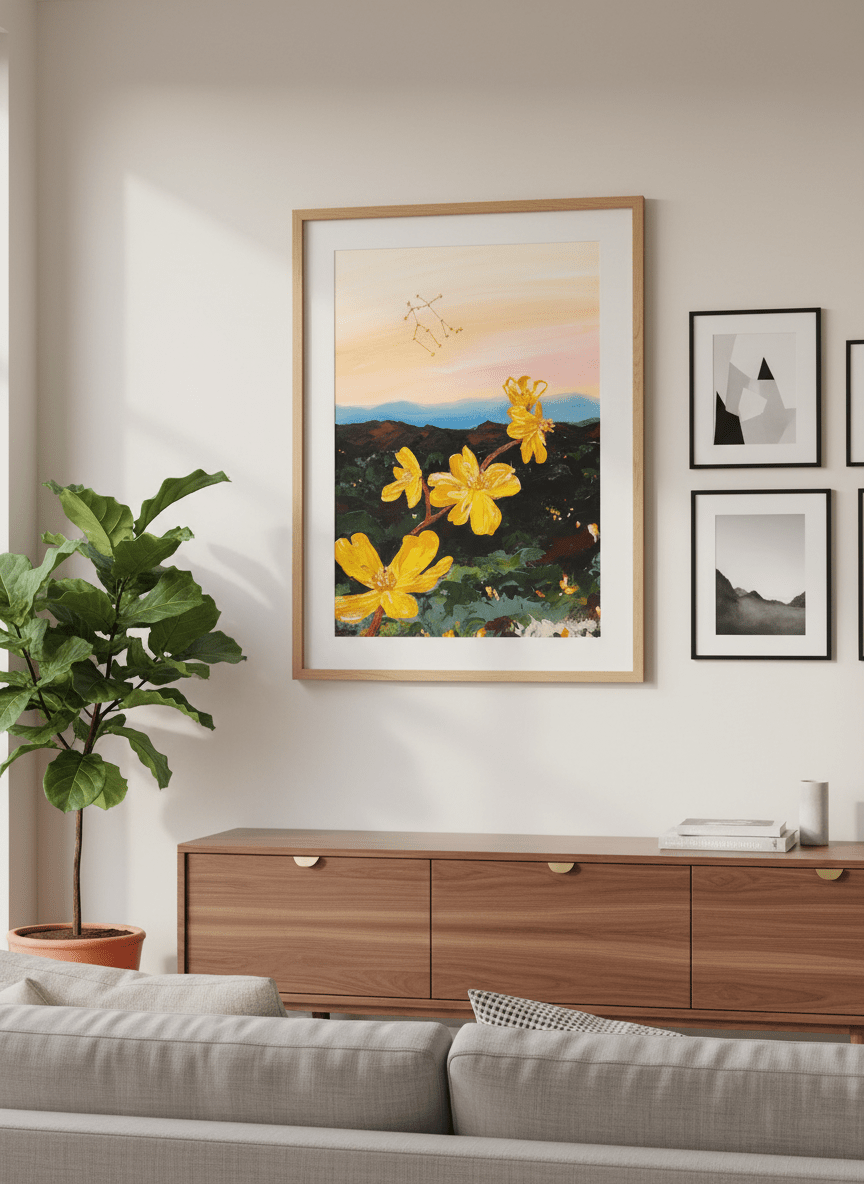 Modern wall art styled above a sofa in a neutral living room