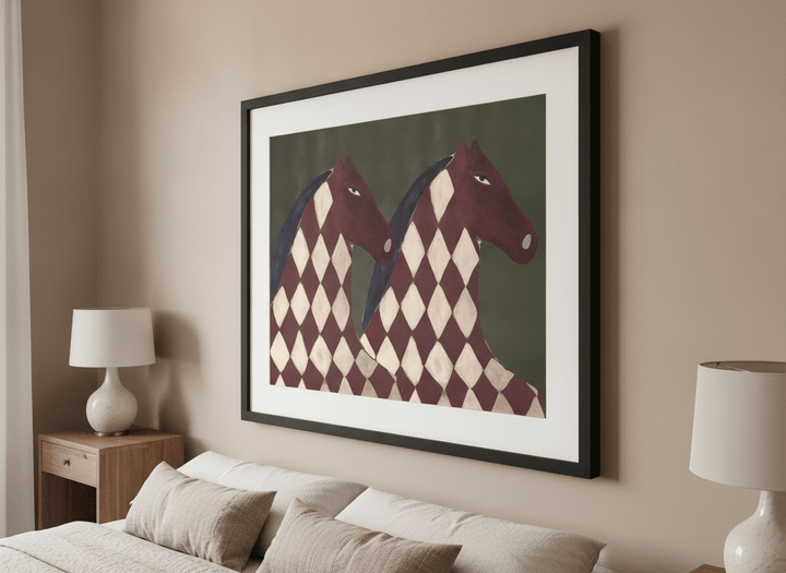 Minimalist artwork displayed in a calm, light-filled bedroom interior