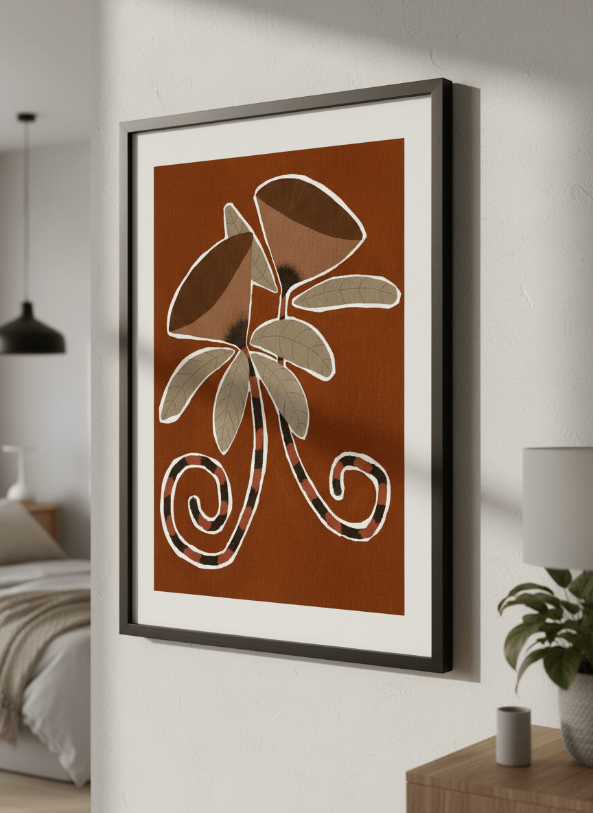 Minimalist artwork displayed in a calm, light-filled bedroom interior