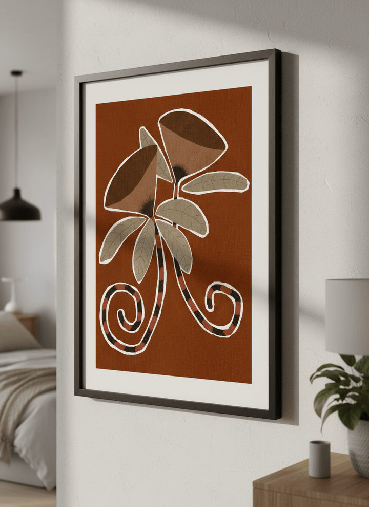 Minimalist artwork displayed in a calm, light-filled bedroom interior