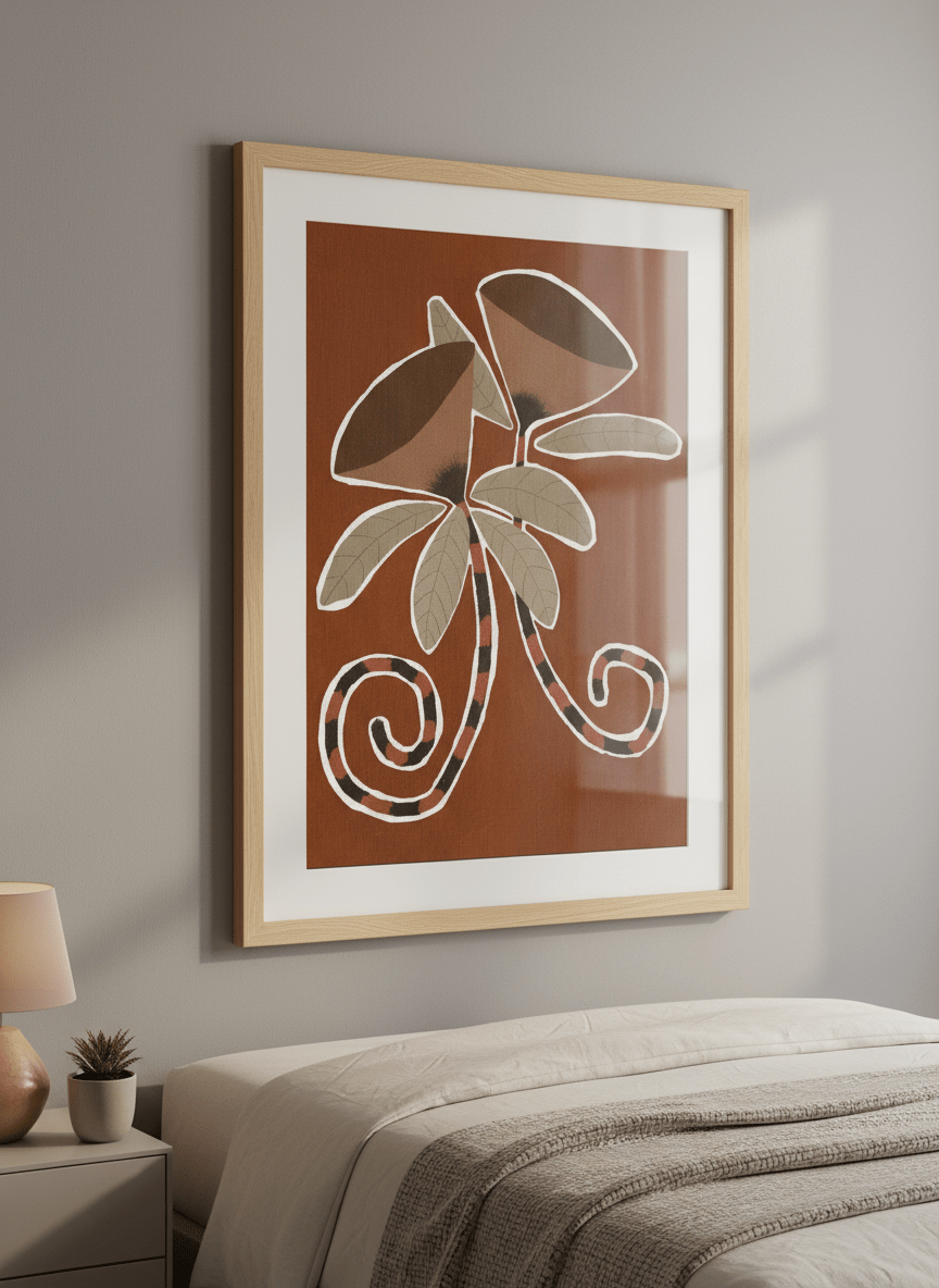 Minimalist artwork displayed in a calm, light-filled bedroom interior