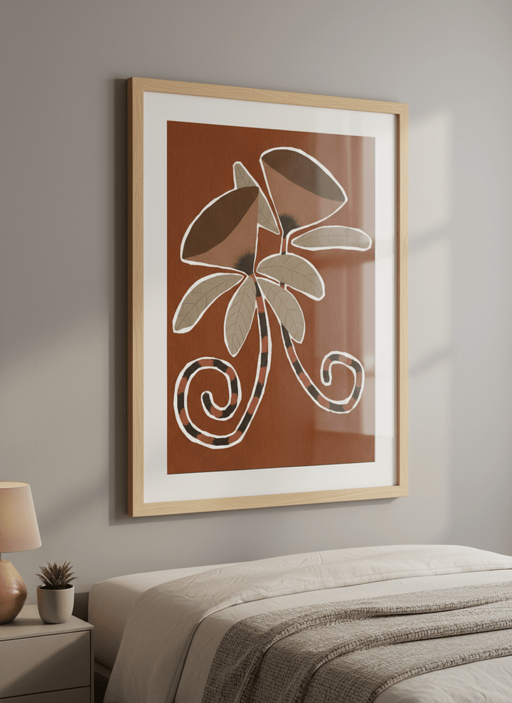Minimalist artwork displayed in a calm, light-filled bedroom interior