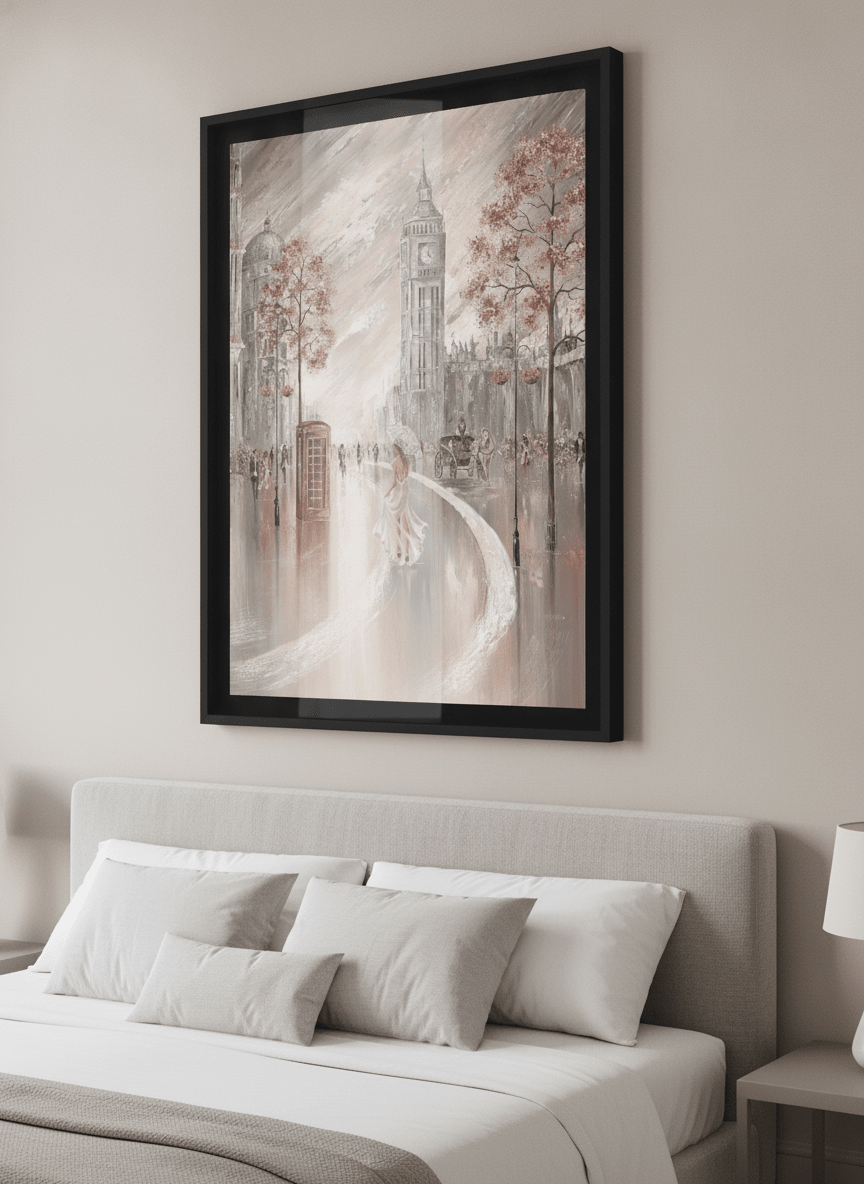 Minimalist artwork displayed in a calm, light-filled bedroom interior