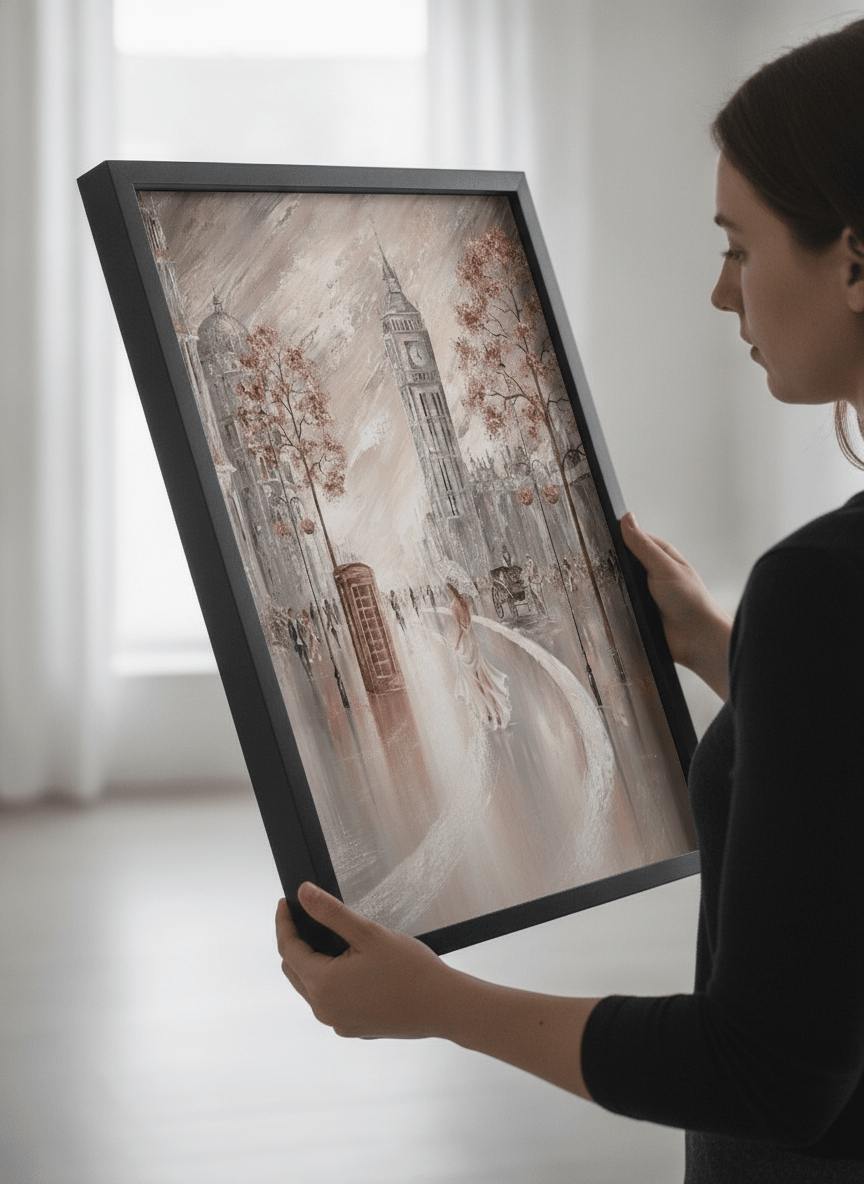 Person showcasing the artwork against a clean modern interior wall
