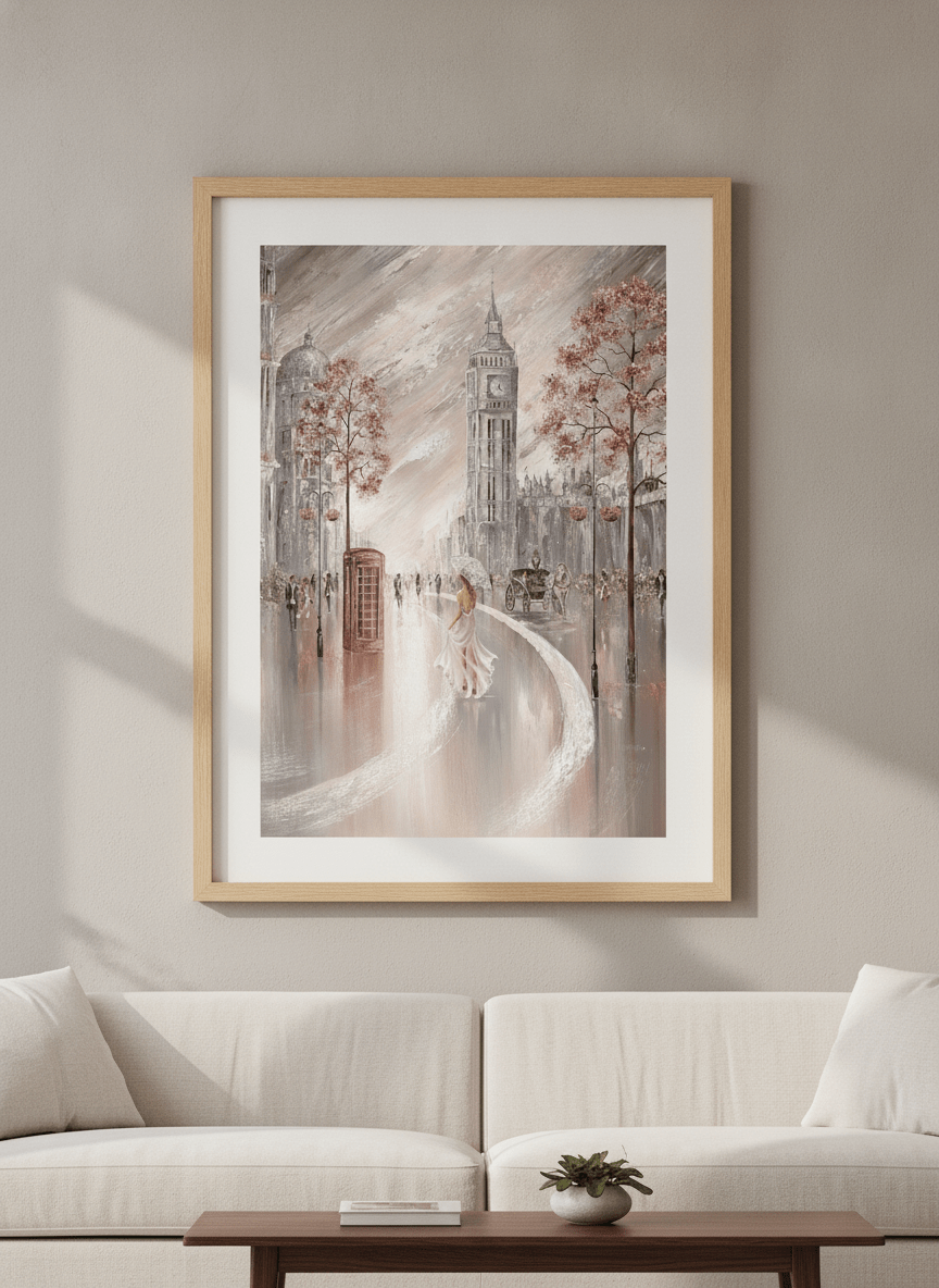 Modern wall art styled above a sofa in a neutral living room