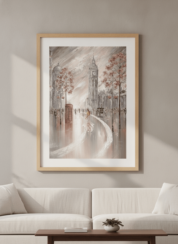 Modern wall art styled above a sofa in a neutral living room