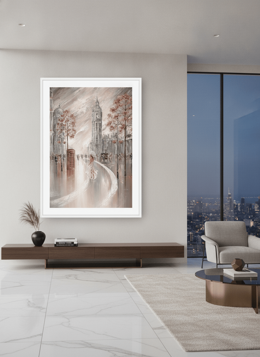 Monumental artwork centred on a feature wall in a luxe interior