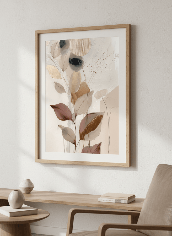Modern wall art styled above a sofa in a neutral living room