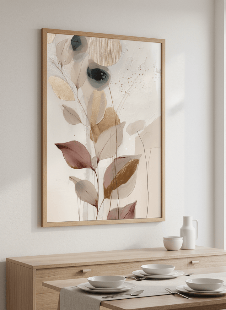 Wall art styled above a dining table in a contemporary home