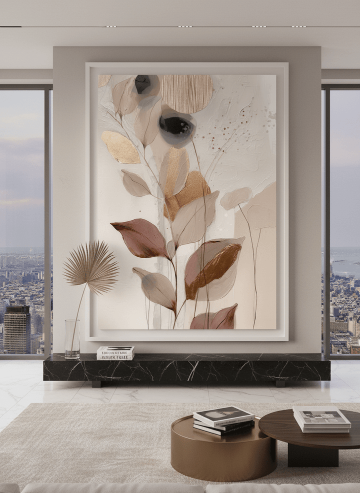 Monumental artwork centred on a feature wall in a luxe interior