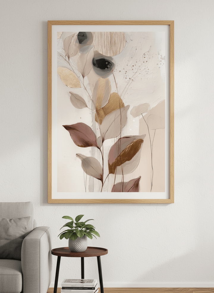 Modern wall art styled above a sofa in a neutral living room
