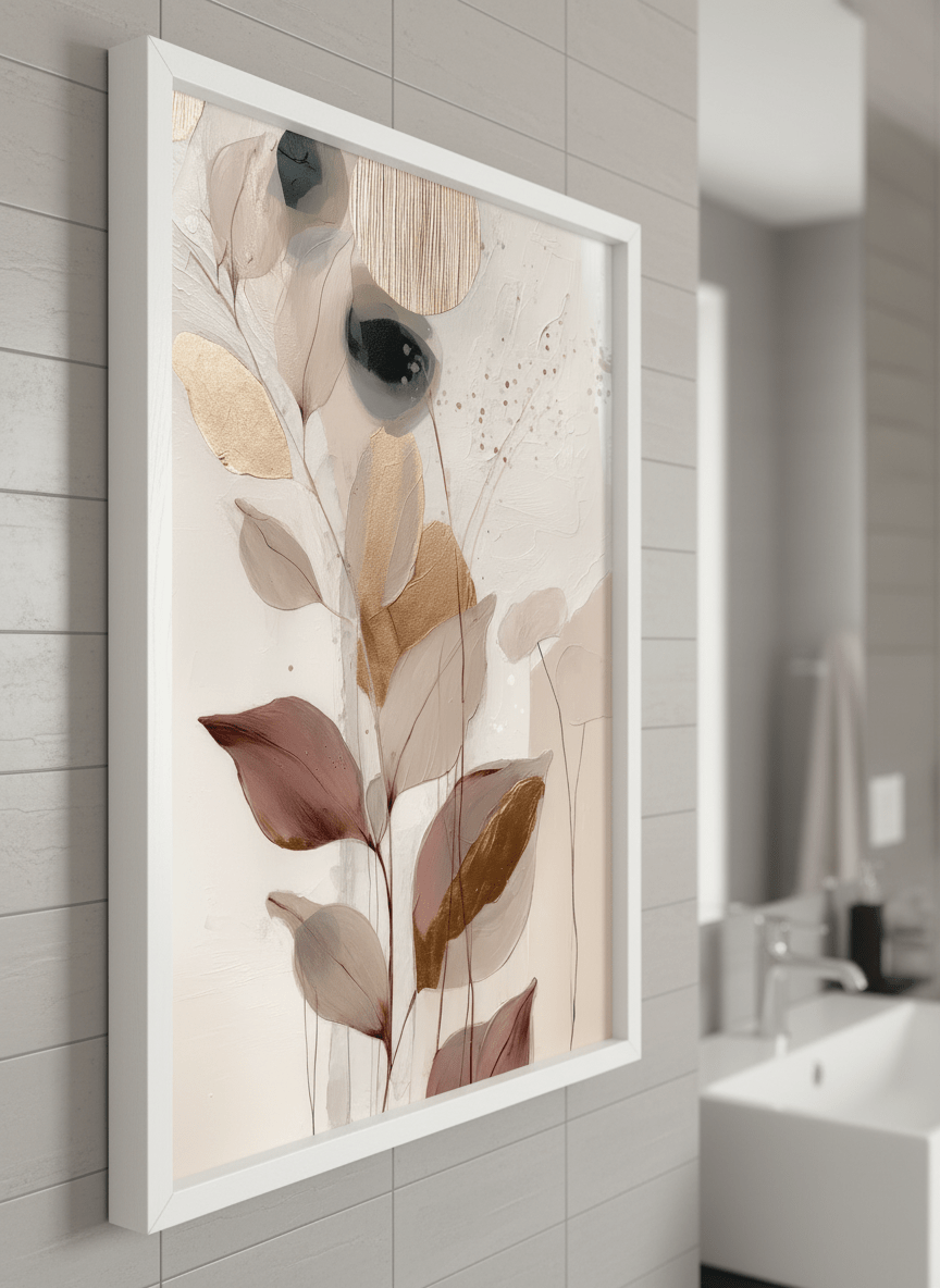Modern print displayed in a clean minimalist bathroom setting