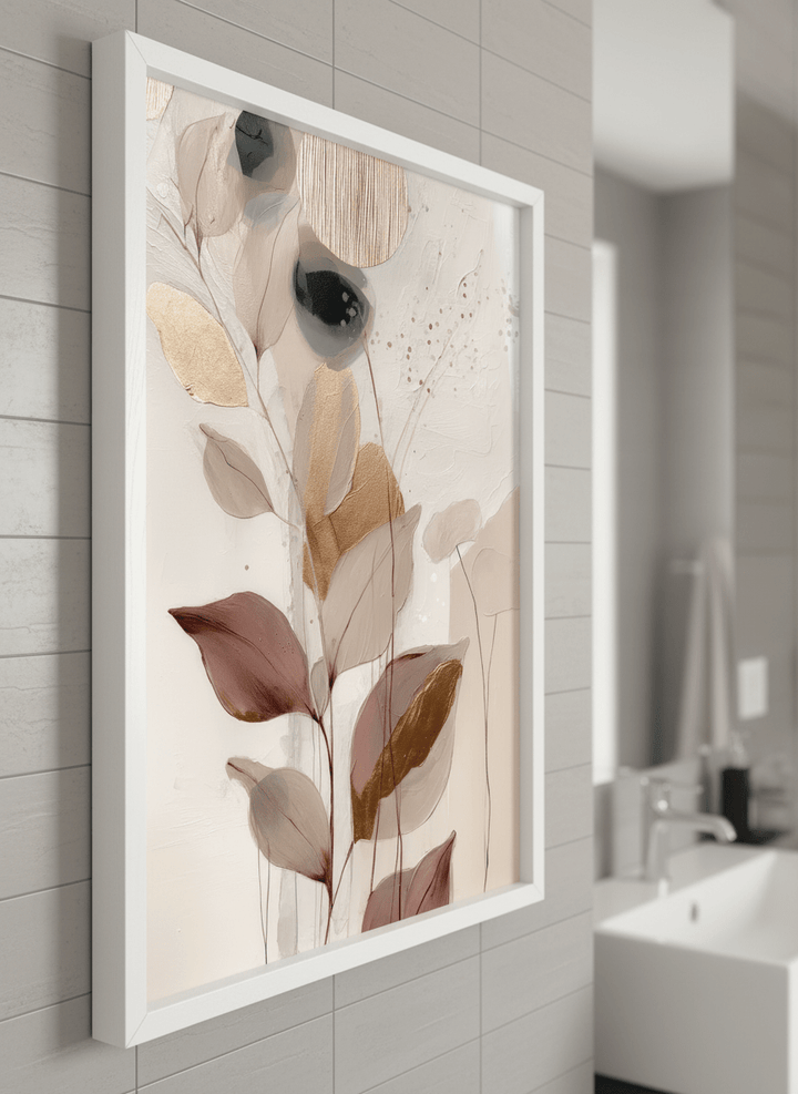 Modern print displayed in a clean minimalist bathroom setting