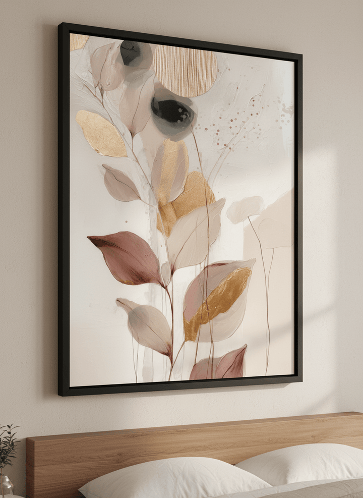 Minimalist artwork displayed in a calm, light-filled bedroom interior