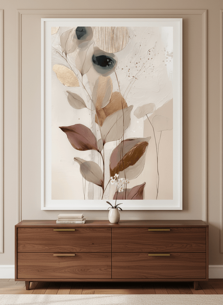Monumental artwork centred on a feature wall in a luxe interior