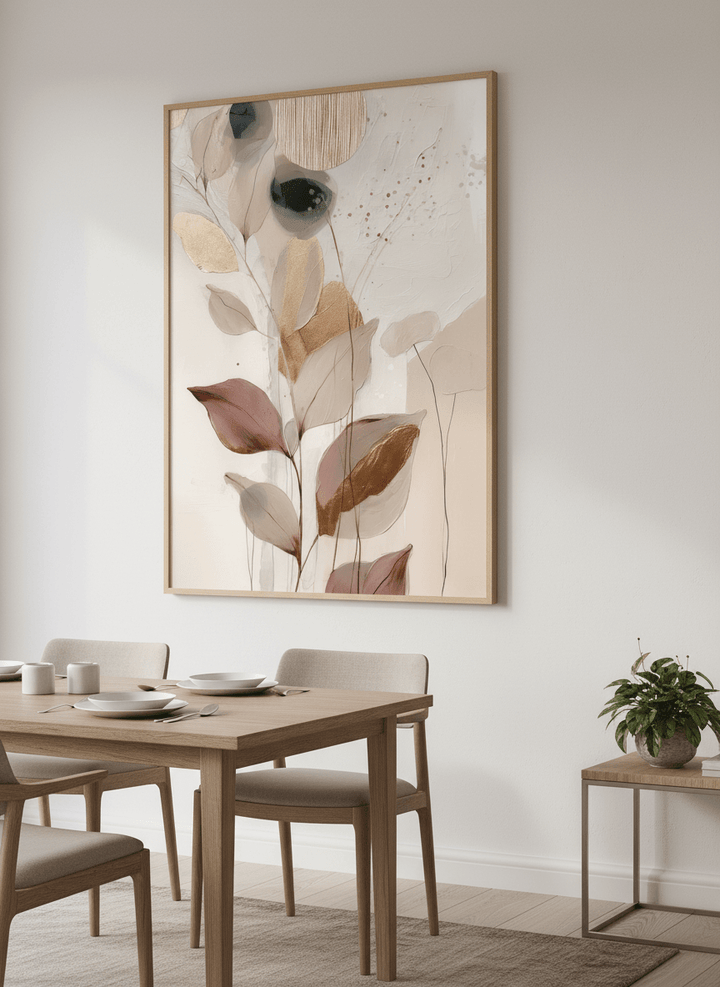 Wall art styled above a dining table in a contemporary home