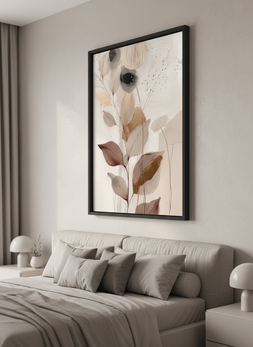 Minimalist artwork displayed in a calm, light-filled bedroom interior